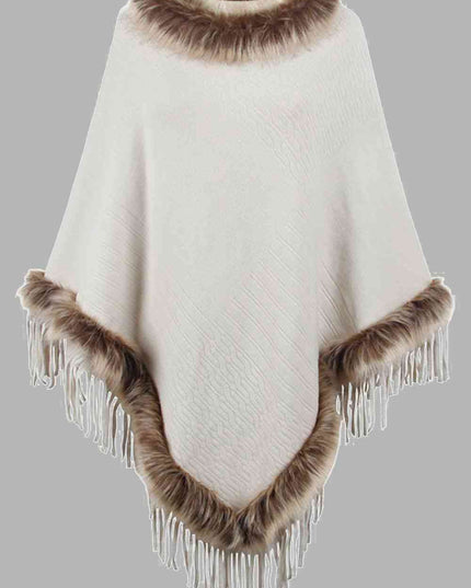 Faux Fur Trim Fringed Poncho