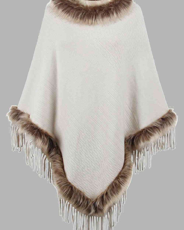 Faux Fur Trim Fringed Poncho