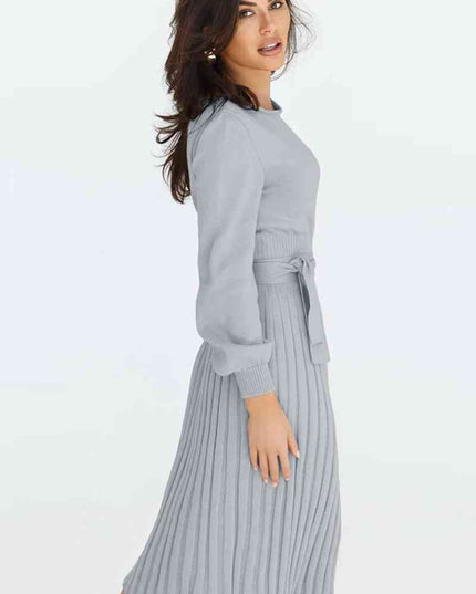 Round Neck Long Sleeve Pleated Sweater Dress