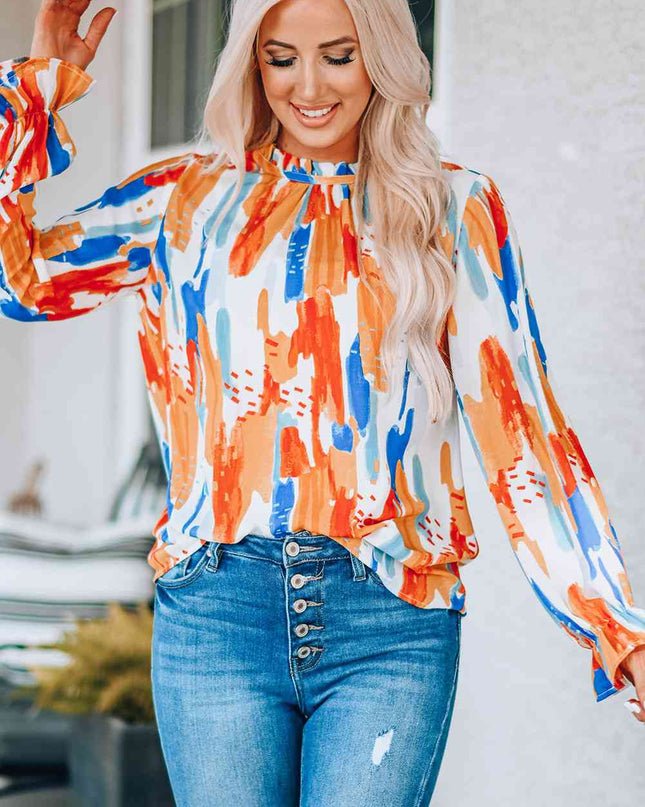 Paint Print Ruffle Collar Flounce Sleeve Top