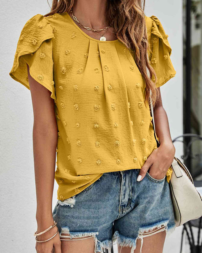 Swiss Dot Round Neck Petal Sleeve Top