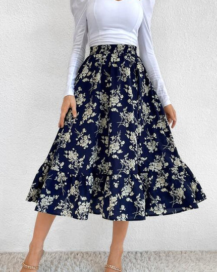 Printed Ruffle Hem Midi Skirt