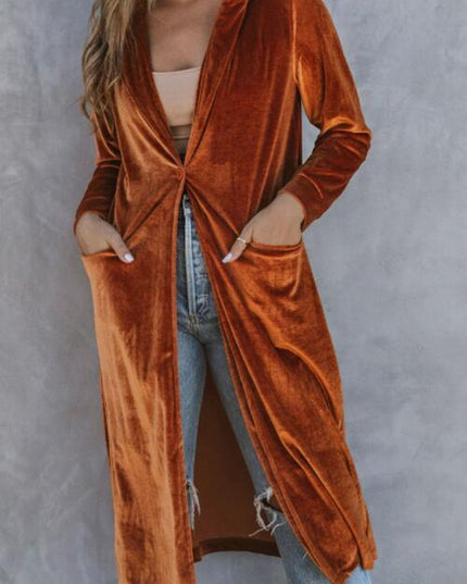 Collared Neck Longline Velvet Cardigan with Pockets