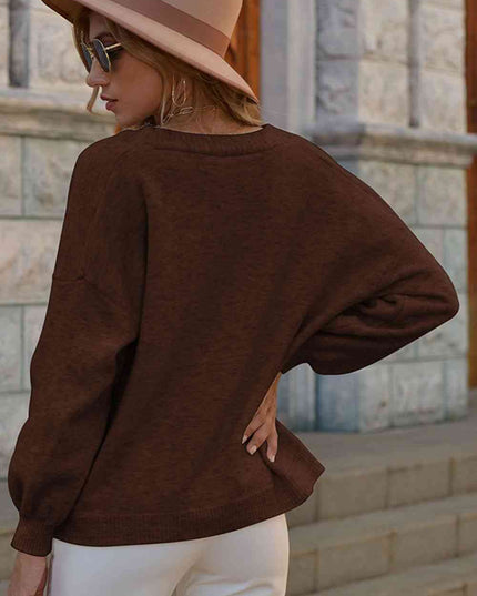 V-Neck Button-Down Dropped Shoulder Cardigan