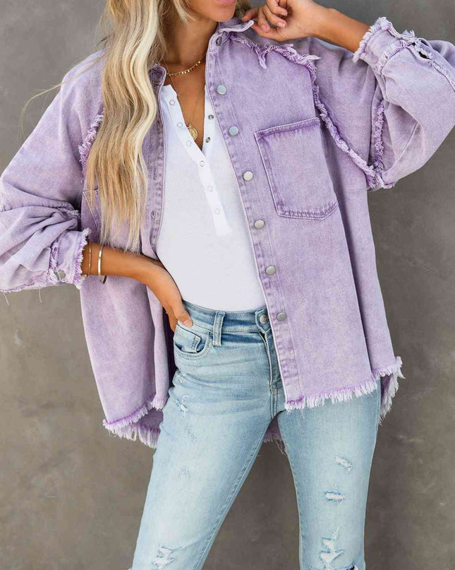 Button Down Raw Hem Denim Jacket