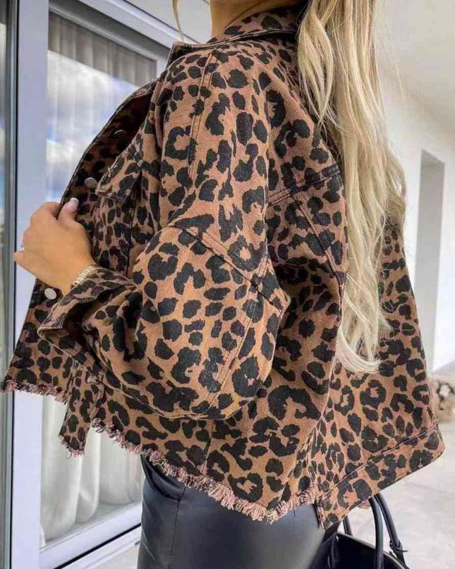 Leopard Raw Hem Denim Jacket