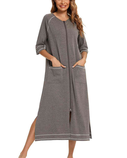 Zip Up Slit Round Neck Night Dress with Pockets