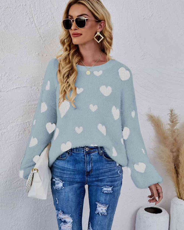 Woven Right Heart Print Fuzzy Crewneck Long Sleeve Sweater