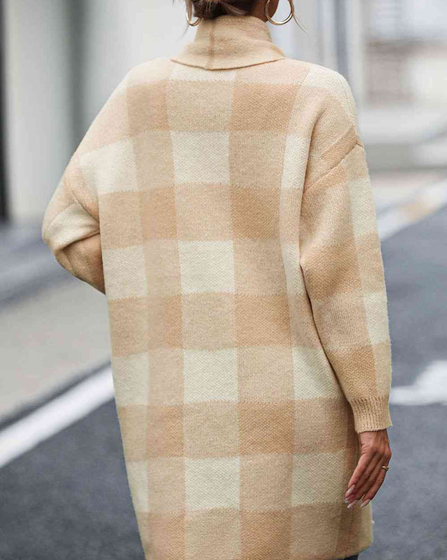 Plaid Dropped Shoulder Cardigan with Pocket
