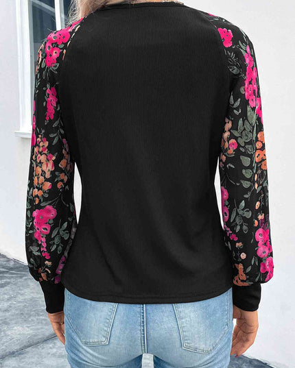 Floral Round Neck Lantern Sleeve Blouse