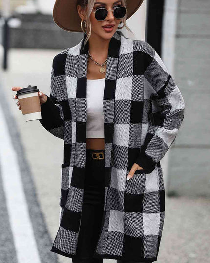 Plaid Dropped Shoulder Cardigan with Pocket