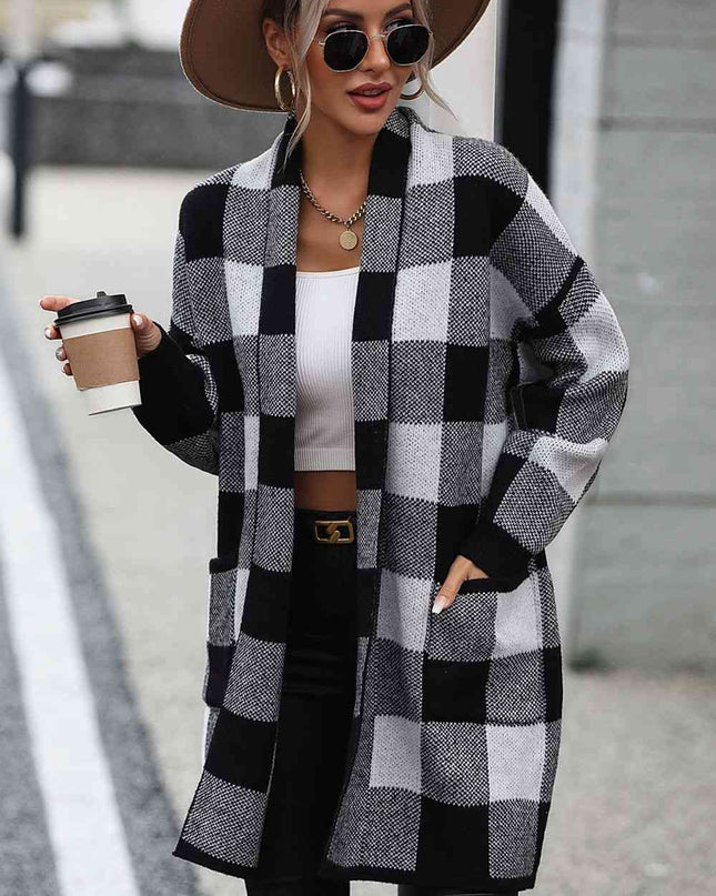 Plaid Dropped Shoulder Cardigan with Pocket
