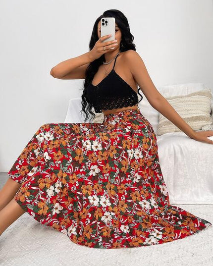 Printed Ruffle Hem Midi Skirt