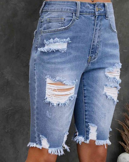Distressed Frayed Hem Denim Bermuda Shorts
