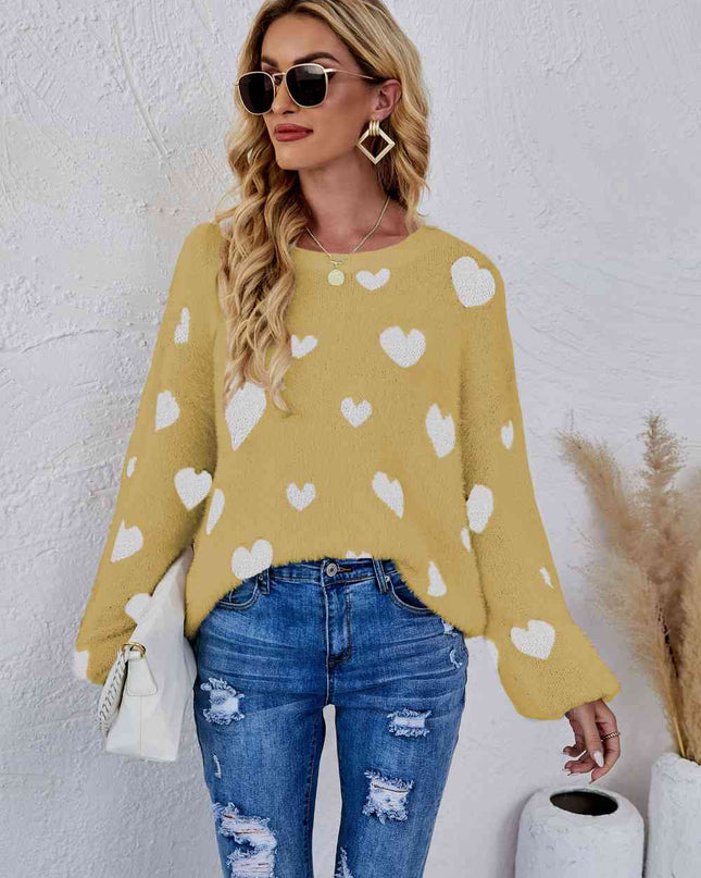 Woven Right Heart Print Fuzzy Crewneck Long Sleeve Sweater
