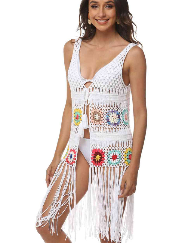 Openwork Fringe Detail Embroidery Sleeveless Cover-Up
