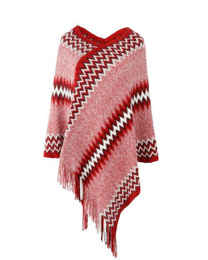 Fringe Hem Striped Cape Sleeve Poncho