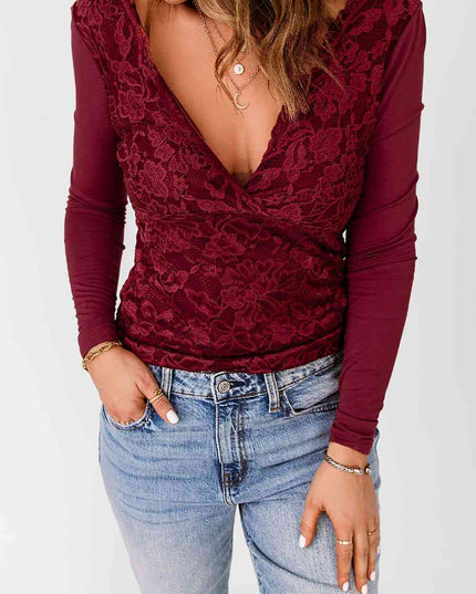 Double Take Lace Long Sleeve Plunge Blouse