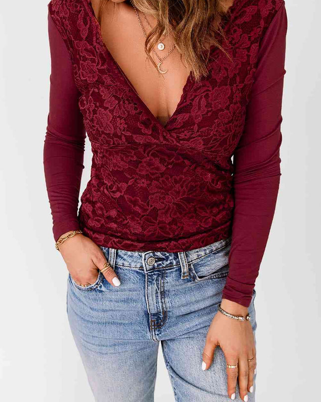 Double Take Lace Long Sleeve Plunge Blouse