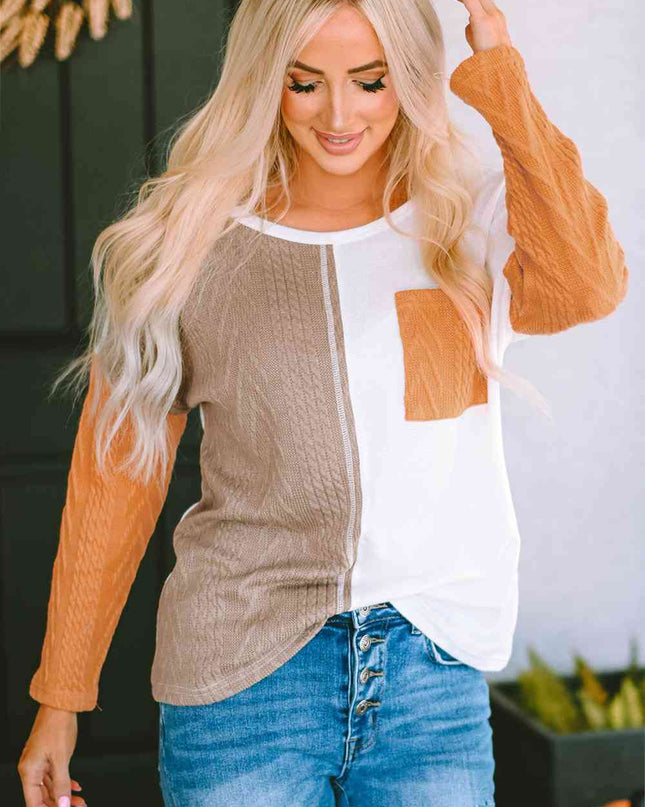 Full Size Color Block Cable-Knit Tops