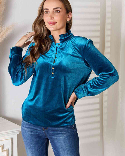 Double Take Notched Neck Buttoned Long Sleeve Blouse