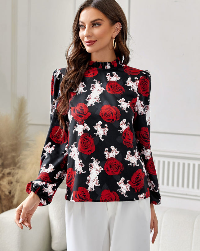 Floral Mock Neck Long Sleeve Blouse