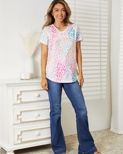Double Take Leopard V-Neck Short Sleeve T-Shirt