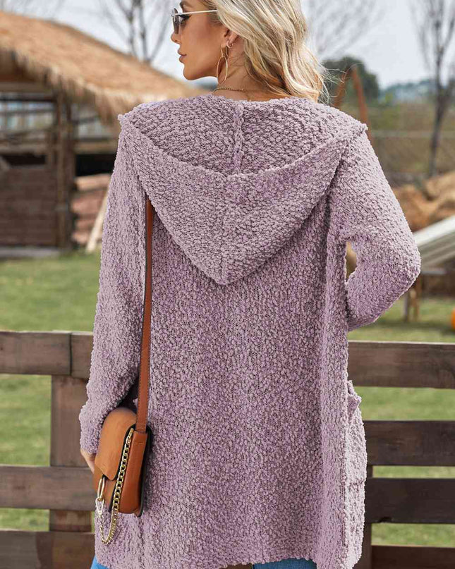 Double Take Popcorn-Knit Long Sleeve Hooded Cardigan