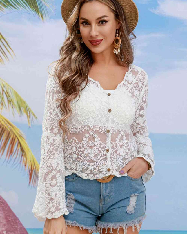 Buttoned Sheer Lace Cover Up