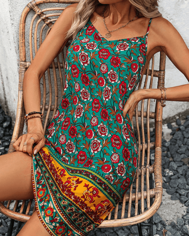 Printed Spaghetti Strap V-Neck Dress