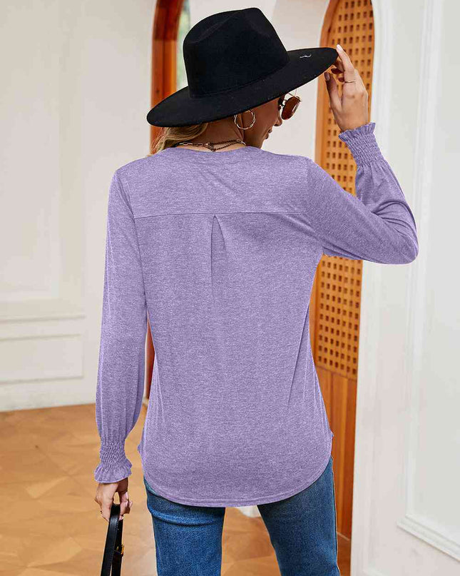 Notched Neck Long Sleeve Blouse