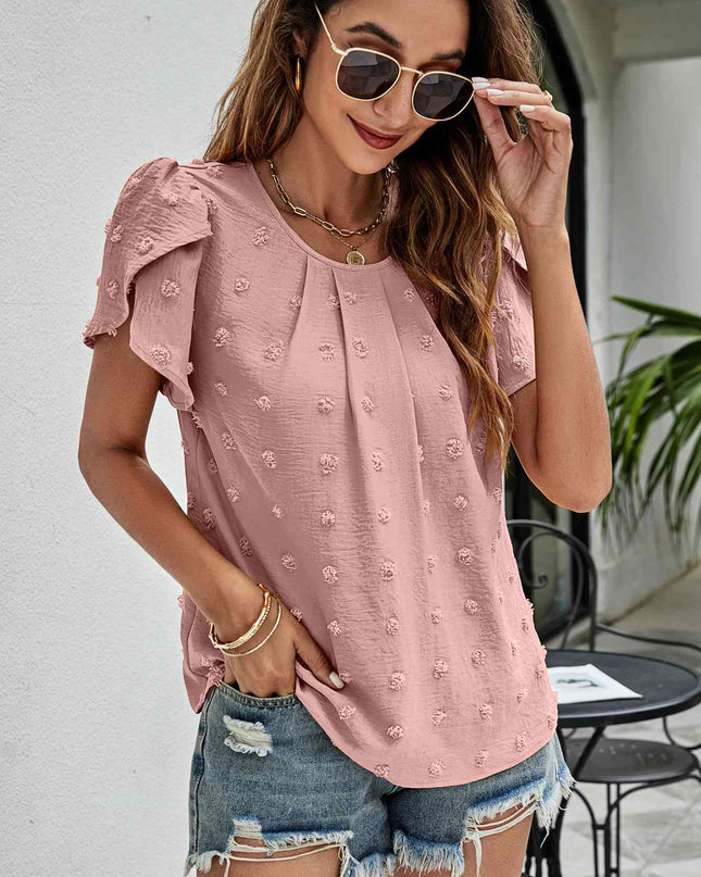 Swiss Dot Round Neck Petal Sleeve Top