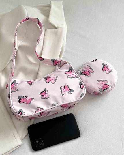 Butterfly Print Shoulder Bag with Purse