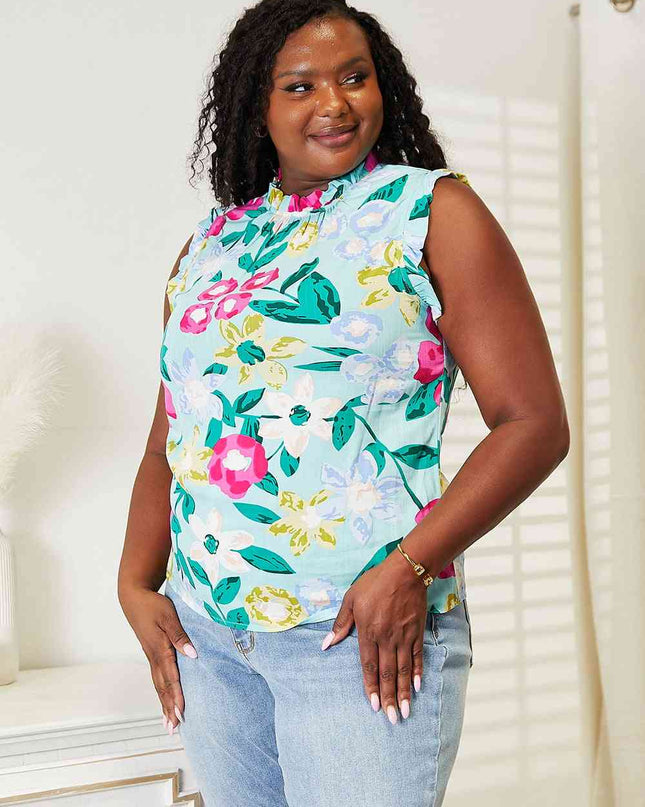 Double Take Floral Print Ruffle Shoulder Blouse