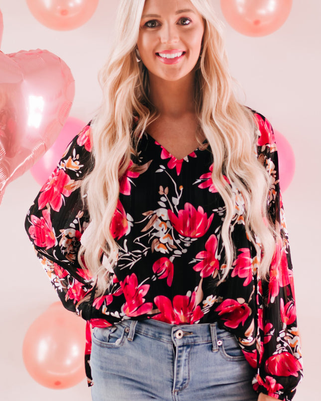 Floral V-Neck Balloon Sleeve Blouse