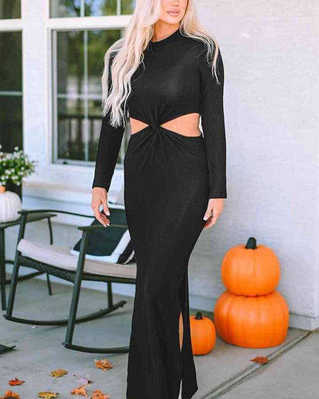 Cutout Round Neck Long Sleeve Slit Maxi Dress