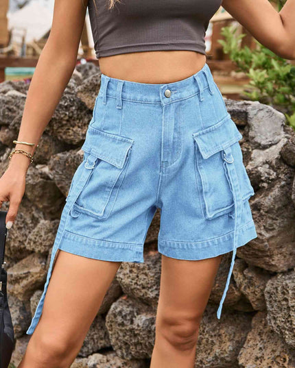 High Waist Denim Cargo Shorts