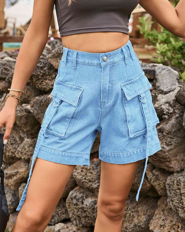 High Waist Denim Cargo Shorts