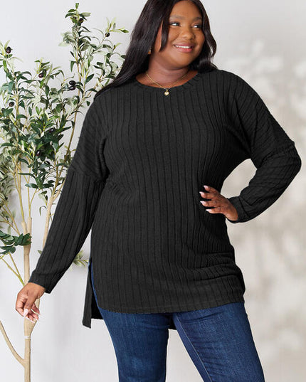 Basic Bae Full Size Ribbed Round Neck Long Sleeve Slit Top