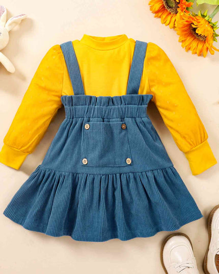 Puff Sleeve Round Neck Top and Buttoned Overall Dress Set