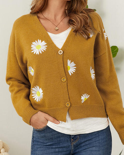 Flower Button Front Dropped Shoulder Cardigan
