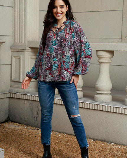 Tie Neck Heathered Balloon Sleeve Blouse
