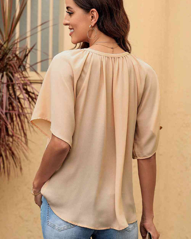 Gathered Detail Notched Neck Flutter Sleeve Top