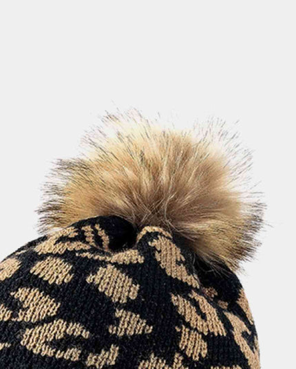 Leopard Pom-Pom Cuffed Beanie