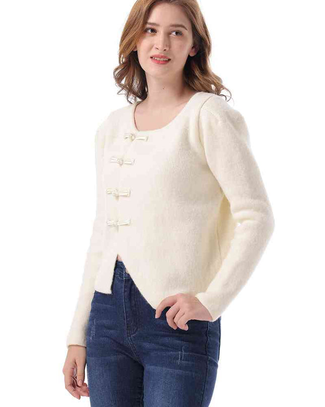 Round Neck Long Sleeve Frog Button Cardigan