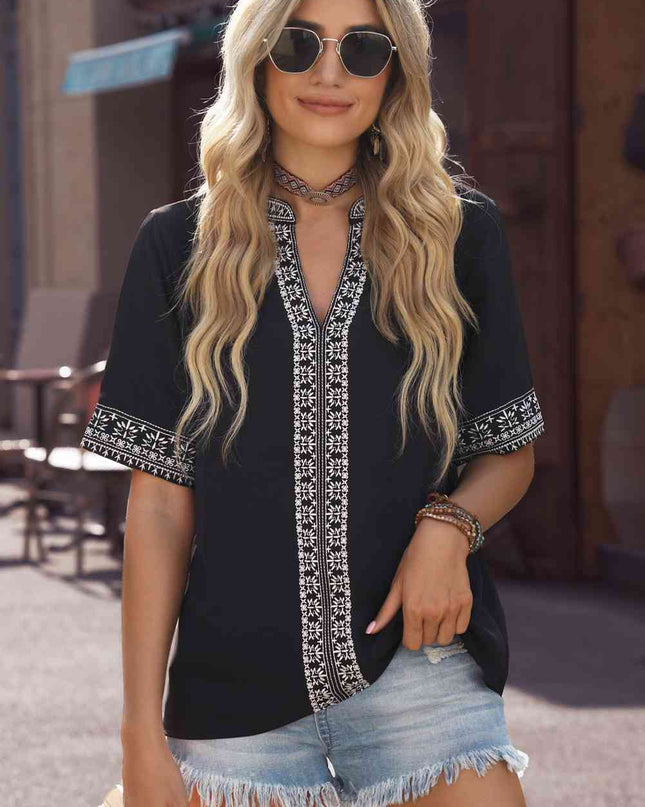 Embroidered V-Neck Top