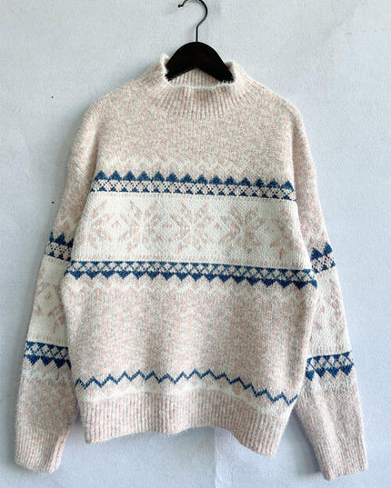 Geometric Mock Neck Dropped Shoulder Sweater