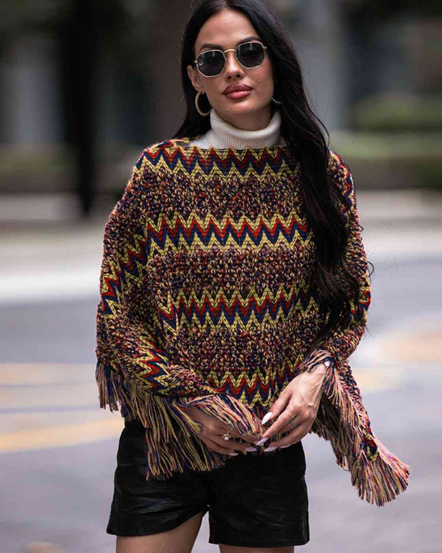 Fringe Hem Boat Neck Poncho