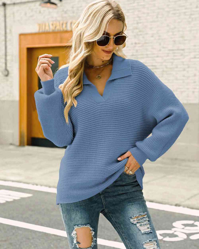 Double Take Horizontal Ribbing Johnny Collar Sweater