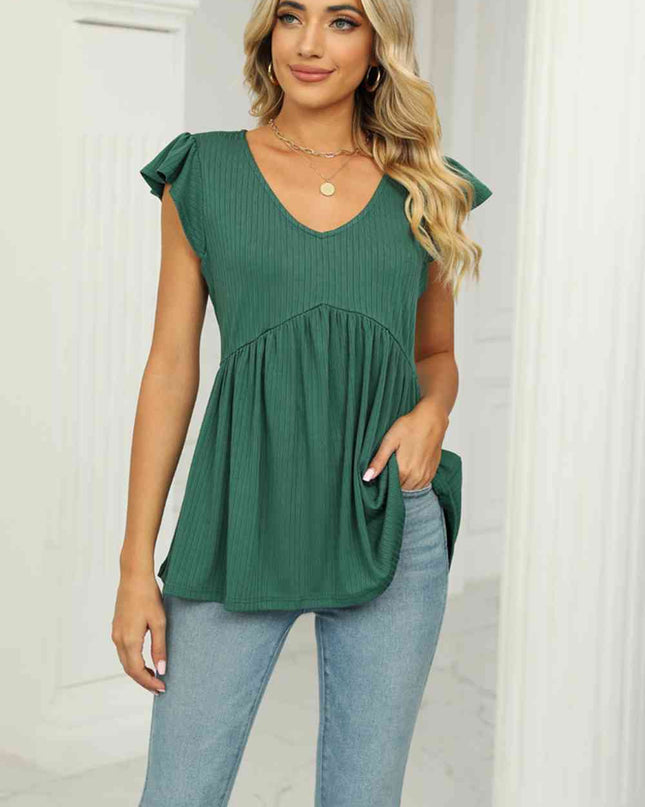 V-Neck Flutter Sleeve Babydoll Blouse